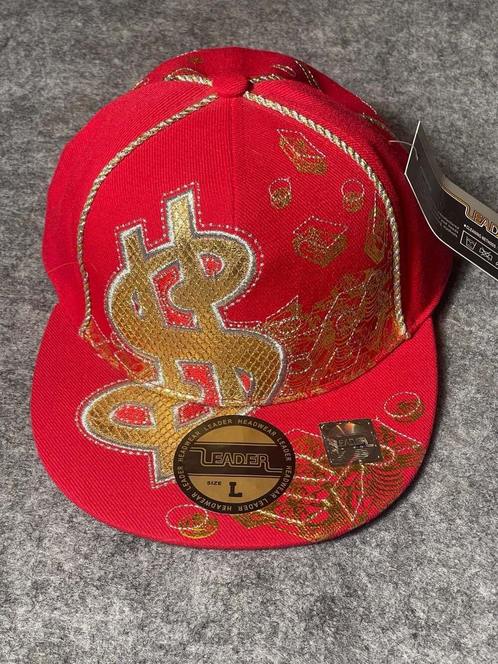 Leader Sports Cap Red & Gold Dollar Sign Money Embroidered Fitted Hat Size L